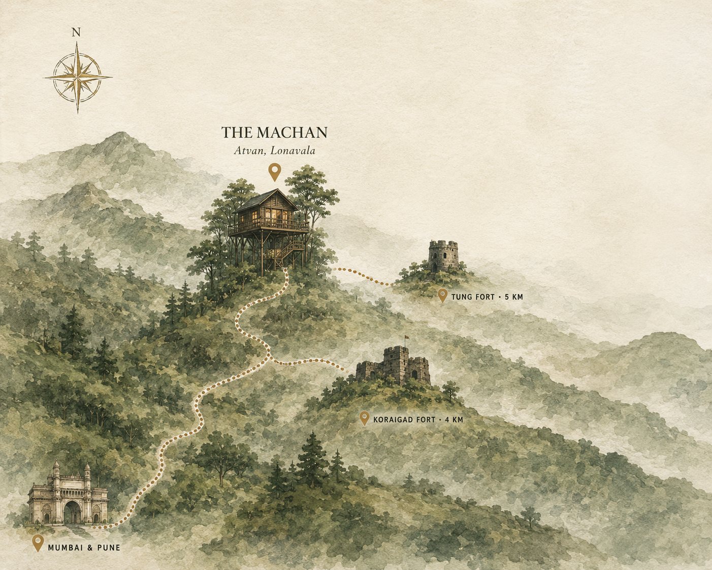Illustrated map showing The Machan's treehouse location near Lonavala, with routes from Mumbai and Pune, and distances to Tung Fort and Koraigad Fort